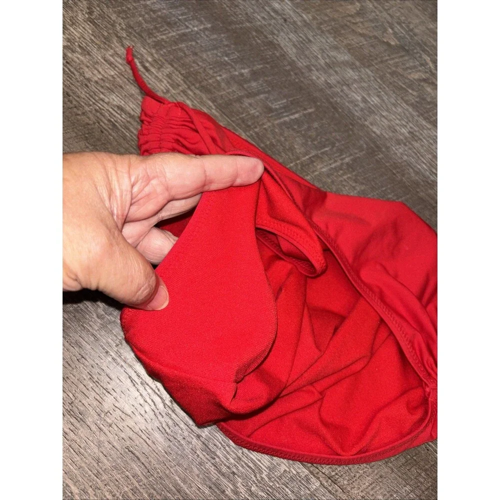 Athleta Womens Red Ruched Bikini Swim Bottoms L Gathered Drawstring High Waist